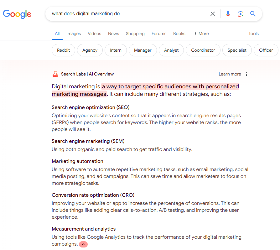 An example of search results for what digital marketing does using Google AI Overview. 