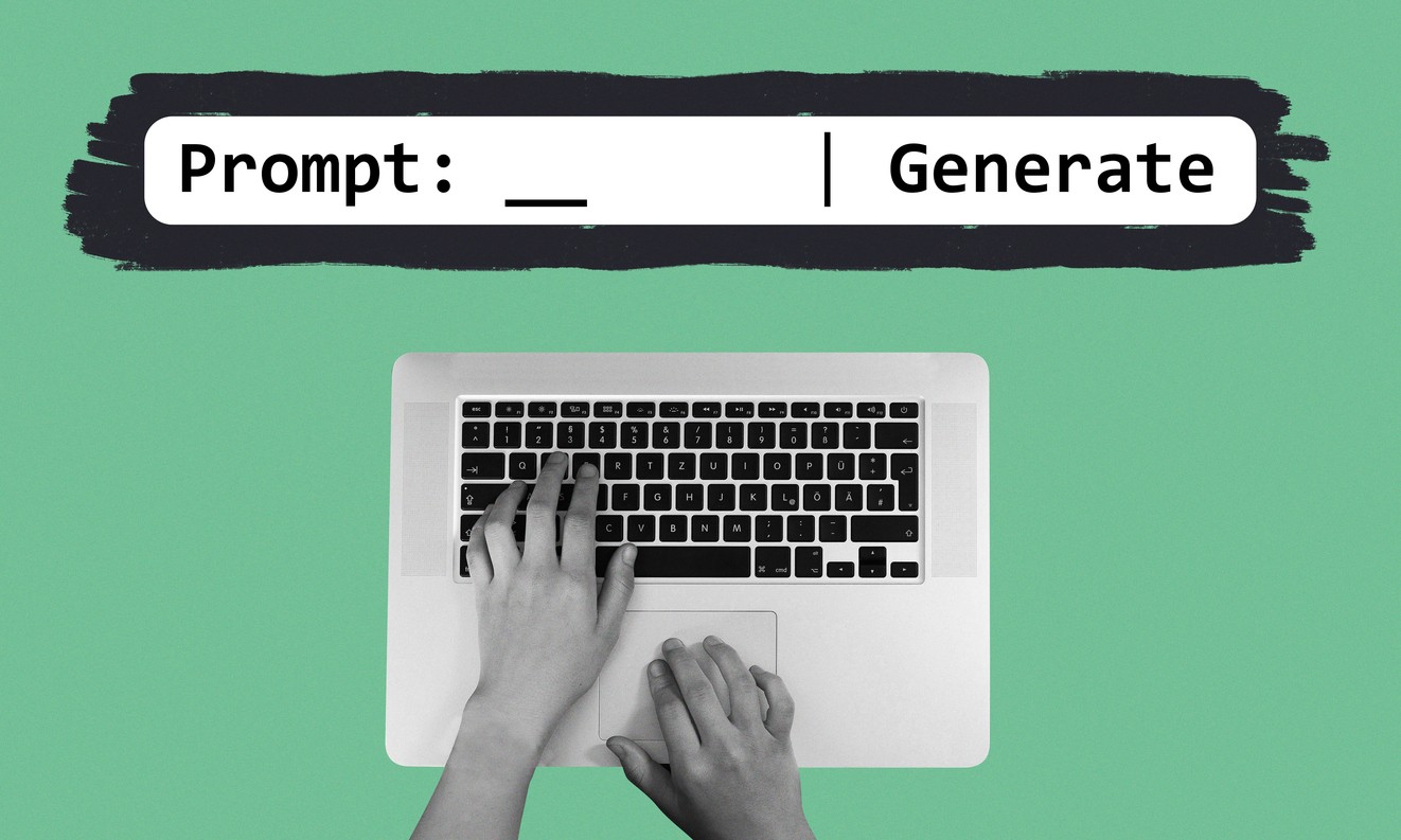 Hands typing on computer with graphic of "Prompt" and "Generate" above it to demonstrated generative AI.